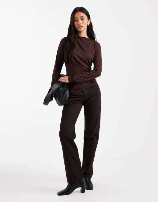 ASOS DESIGN drape slash neck long sleeve top in brown, 2 of 4