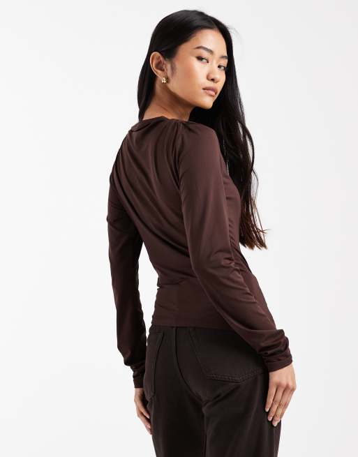 ASOS DESIGN drape slash neck long sleeve top in brown, 4 of 4