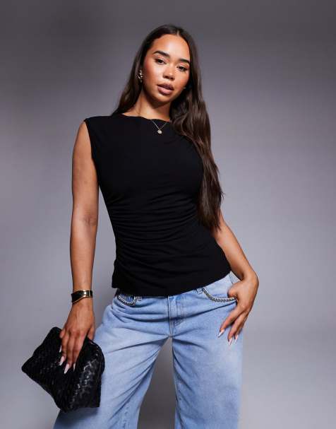 ASOS DESIGN drape slash neck top in black - view 1