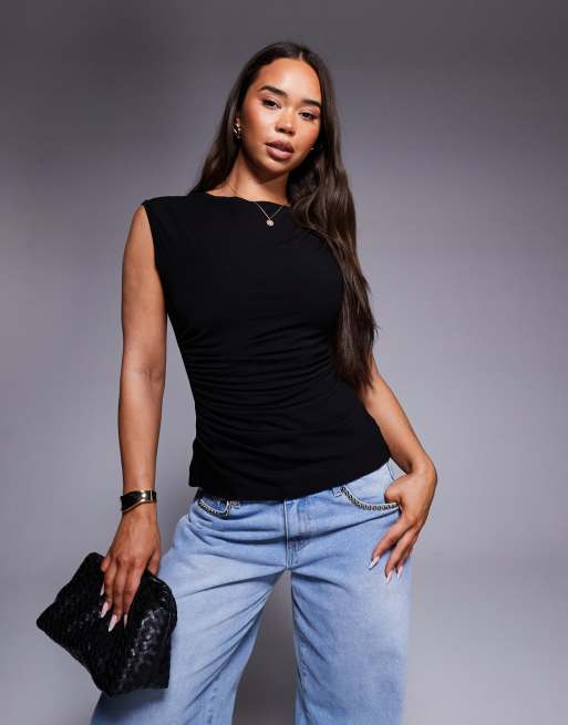 ASOS DESIGN drape slash neck top in black