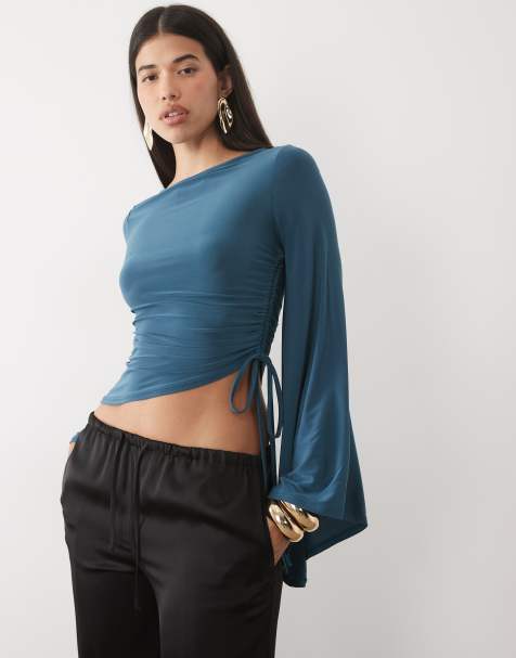 ASOS DESIGN drape sleeve asym hem top in petrol blue - view 1