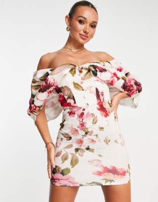 Asos Design Drape Sleeve Corset Mini Dress In Pink Floral-multi