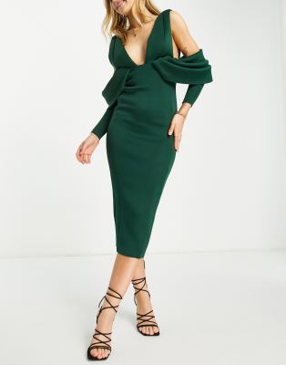 ASOS DESIGN drape sleeve plunge neck pencil dress in forest green