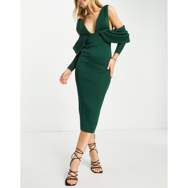 ASOS DESIGN drape sleeve plunge neck pencil dress in forest green | ASOS