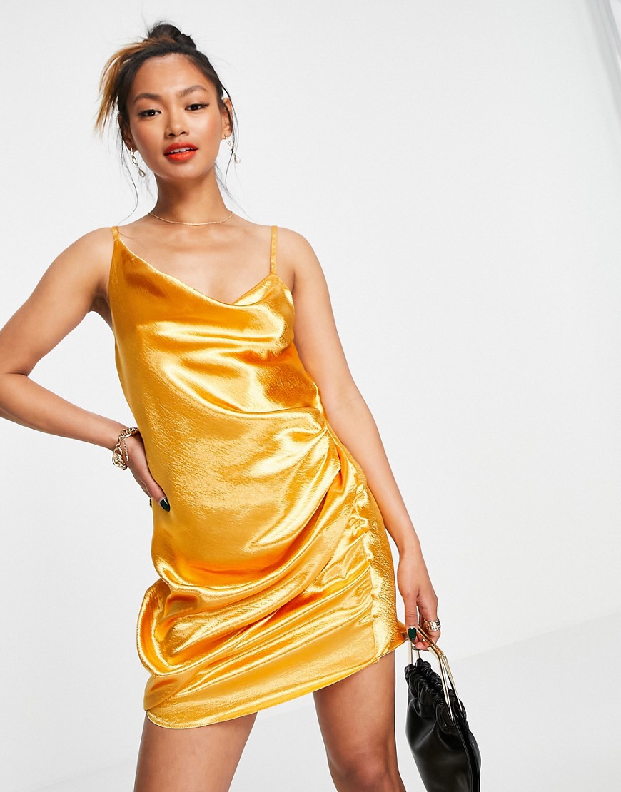 ASOS DESIGN drape slip mini dress in high shine satin-Orange
