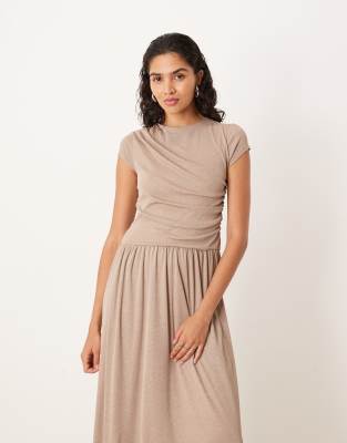 Asos Design Drape T-shirt Dropped Waist Maxi Dress In Neutral
