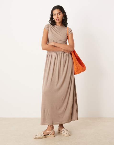 ASOS DESIGN drape t-shirt dropped waist maxi dress in beige - view 1