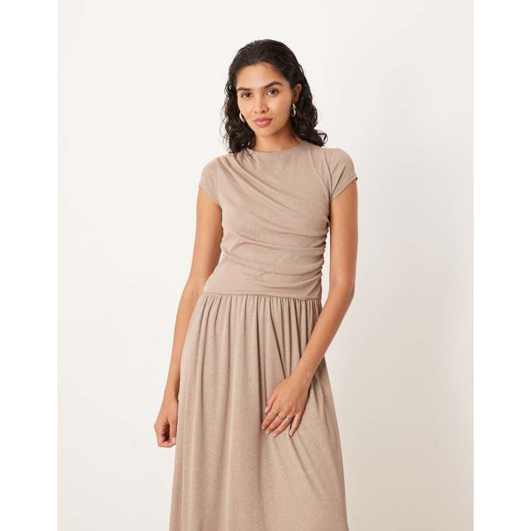 asos beige maxi dress ASOS DESIGN linen look low back dropped waist maxi dress in beige