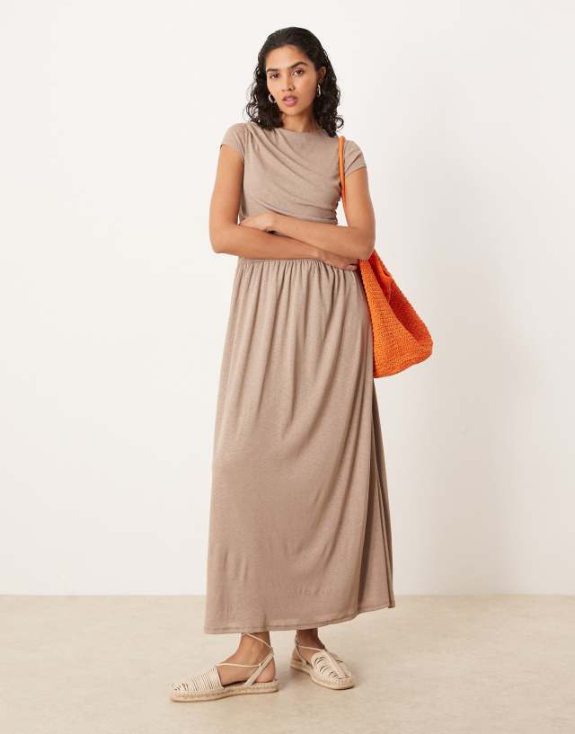ASOS DESIGN drape T-shirt dropped waist maxi dress in beige