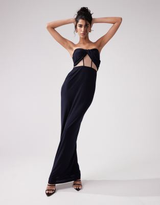 ASOS DESIGN DRAPE TWIST FRONT BANDEAU WITH ROULEAU STRAPPING AND INVISIBLE MESH MAXI DRESS 
