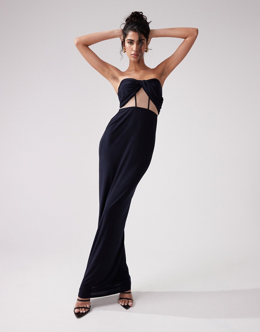 ASOS DESIGN drape twist front bandeau with rouleaux strapping and invisible mesh maxi dress in navy