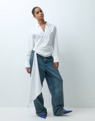 Asos Design Drape Waist Detail On Wrap Around Shirt In White