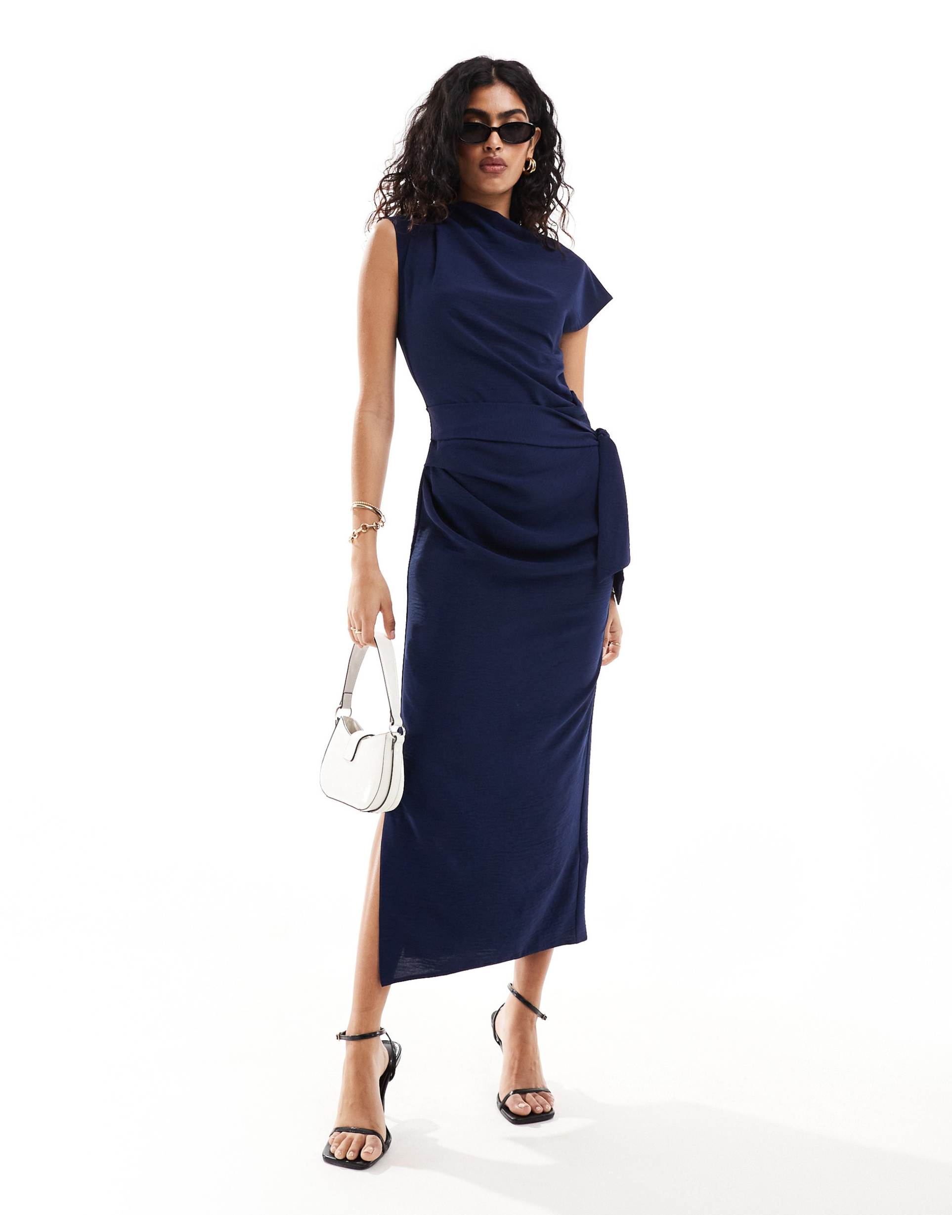 asos design drape waist midi dress with wrap skirt in navy