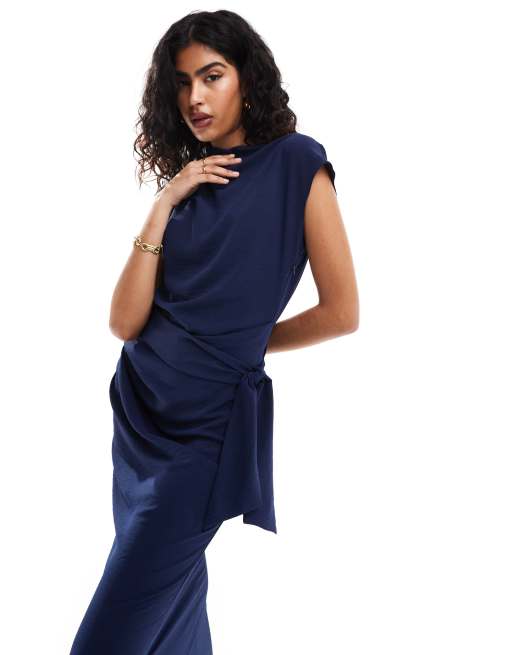 ASOS Design Drape Waist Midi Dress with Wrap Skirt in Navy Copper