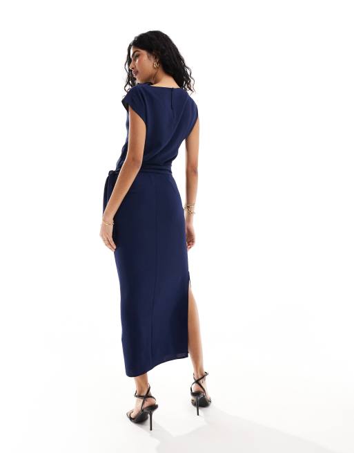 ASOS DESIGN drape waist midi dress with wrap skirt in navy ASOS