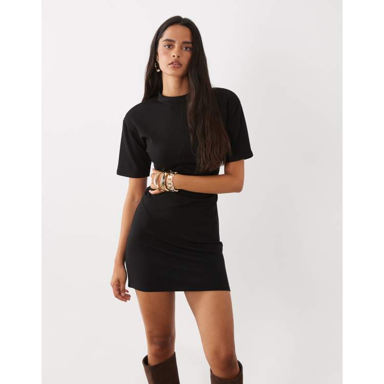 asos design nipped in waist mini dress in black drape Featuring a round neck