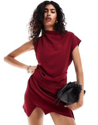 Asos Design Drape Waist Mini Dress With Wrap Skirt In Wine-pink