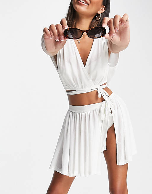 Women drape wrap beach co ord skirt in white 