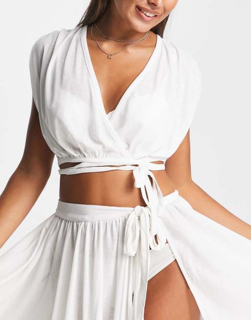 ASOS DESIGN drape wrap beach set top in white ASOS