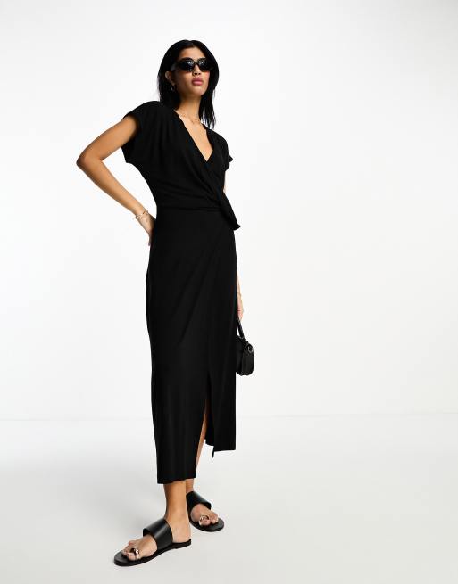 ASOS DESIGN drape wrap front midi tea dress in black ASOS