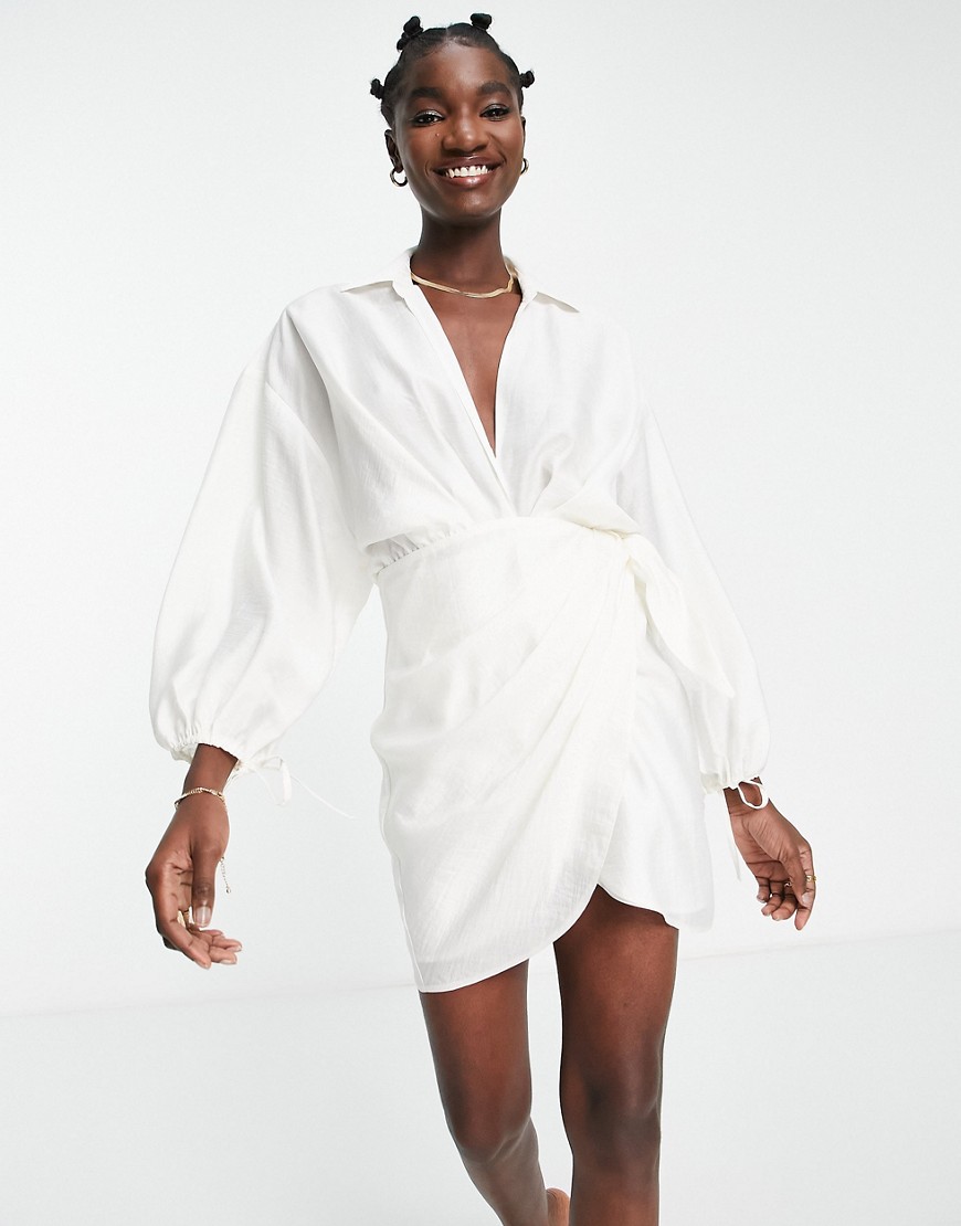 ASOS DESIGN drape wrap front mini dress with oversize blouson sleeve and open back detail-White