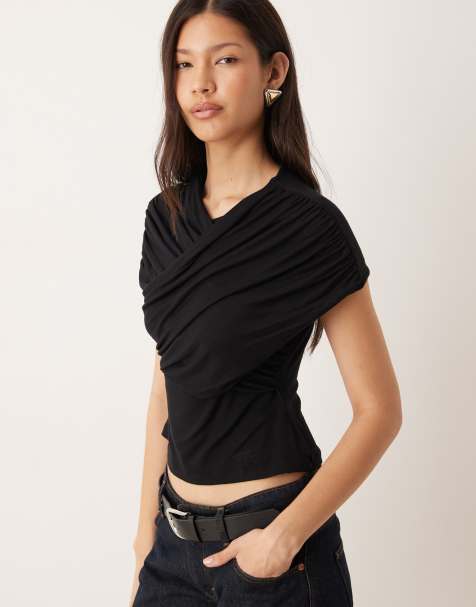 ASOS DESIGN drape wrap front short sleeve top in black - view 1