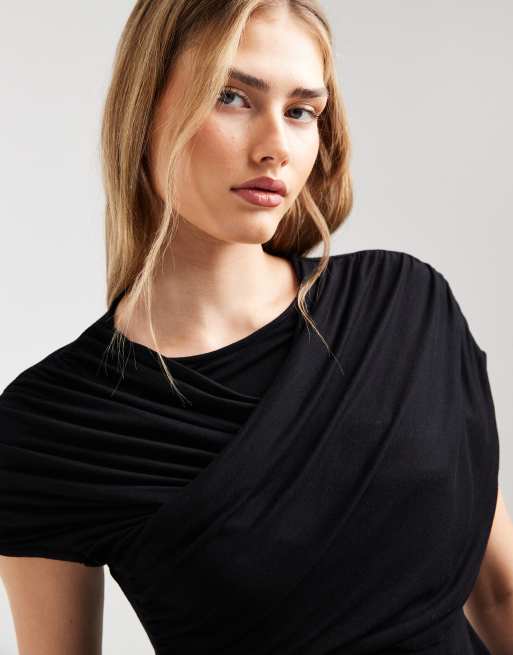ASOS DESIGN drape wrap front short sleeve top in black, 2 of 4