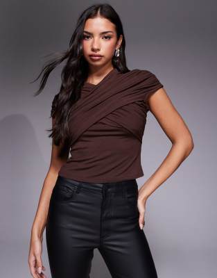 Asos Design Drape Wrap Front Short Sleeve Top In Brown