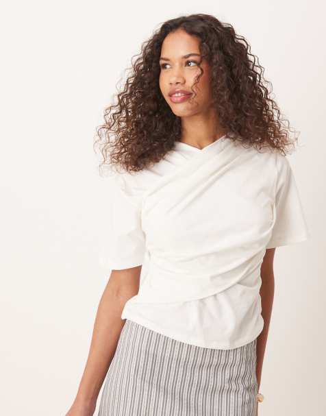 ASOS DESIGN drape wrap front t-shirt in white - view 1