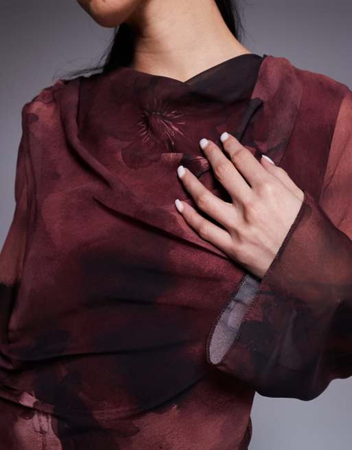 ASOS DESIGN draped asymmetric long sleeve mini dress in burgundy floral print, 3 of 4