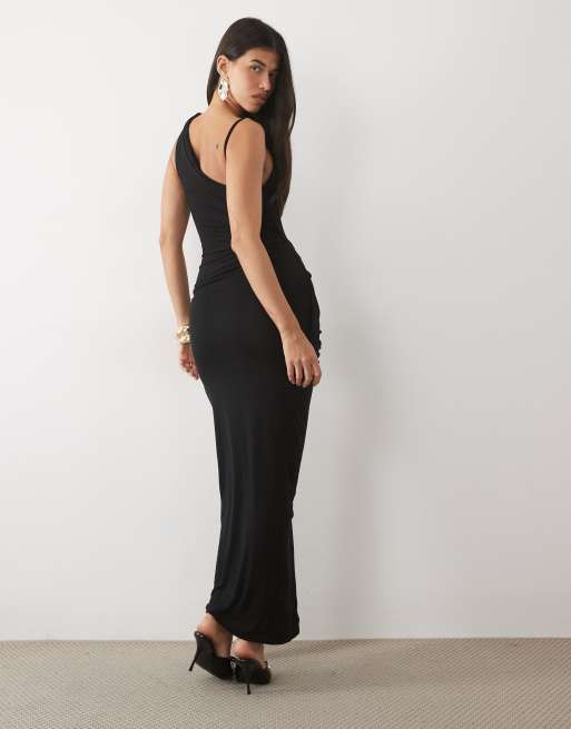 ASOS DESIGN draped asymmetric maxi dress with split detail in black, 4 of 4