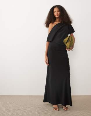 draped asymmetric neck maxi dress in black