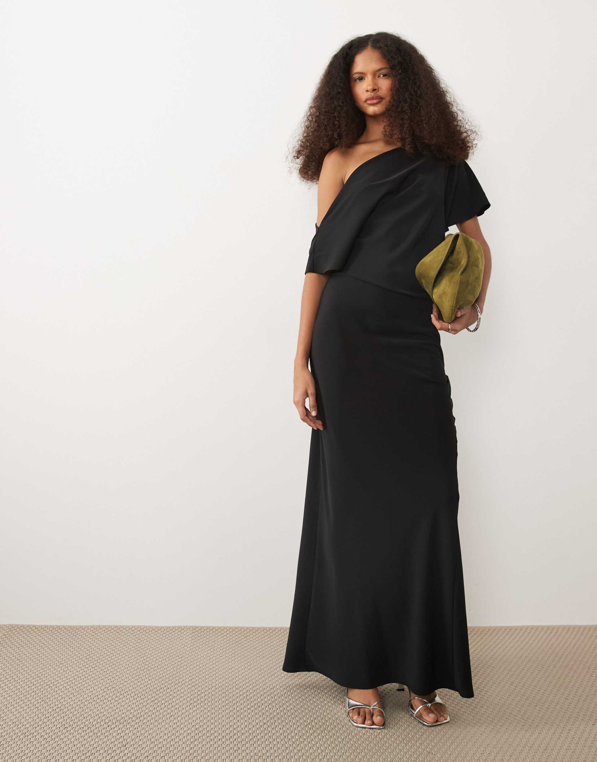 asos design draped asymmetric neck maxi dress in black