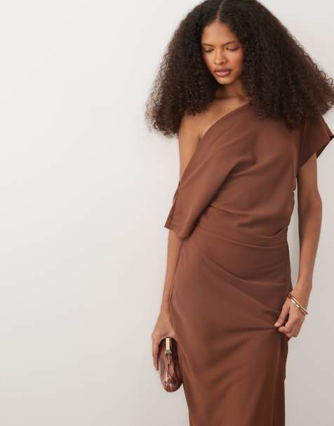 ASOS DESIGN draped asymmetric neck maxi dress in brown - view 1
