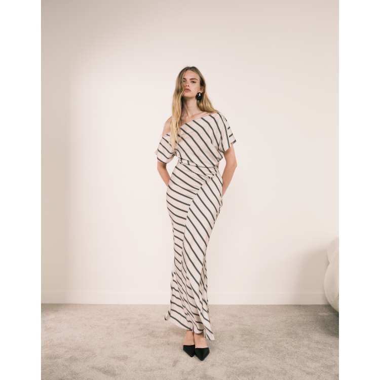 asos edition asymmetric drape dress DESIGN draped neck maxi in stripe this maxi dress is __color family:white Golden Bachelorette Joan Vassos, Color:Roseberry