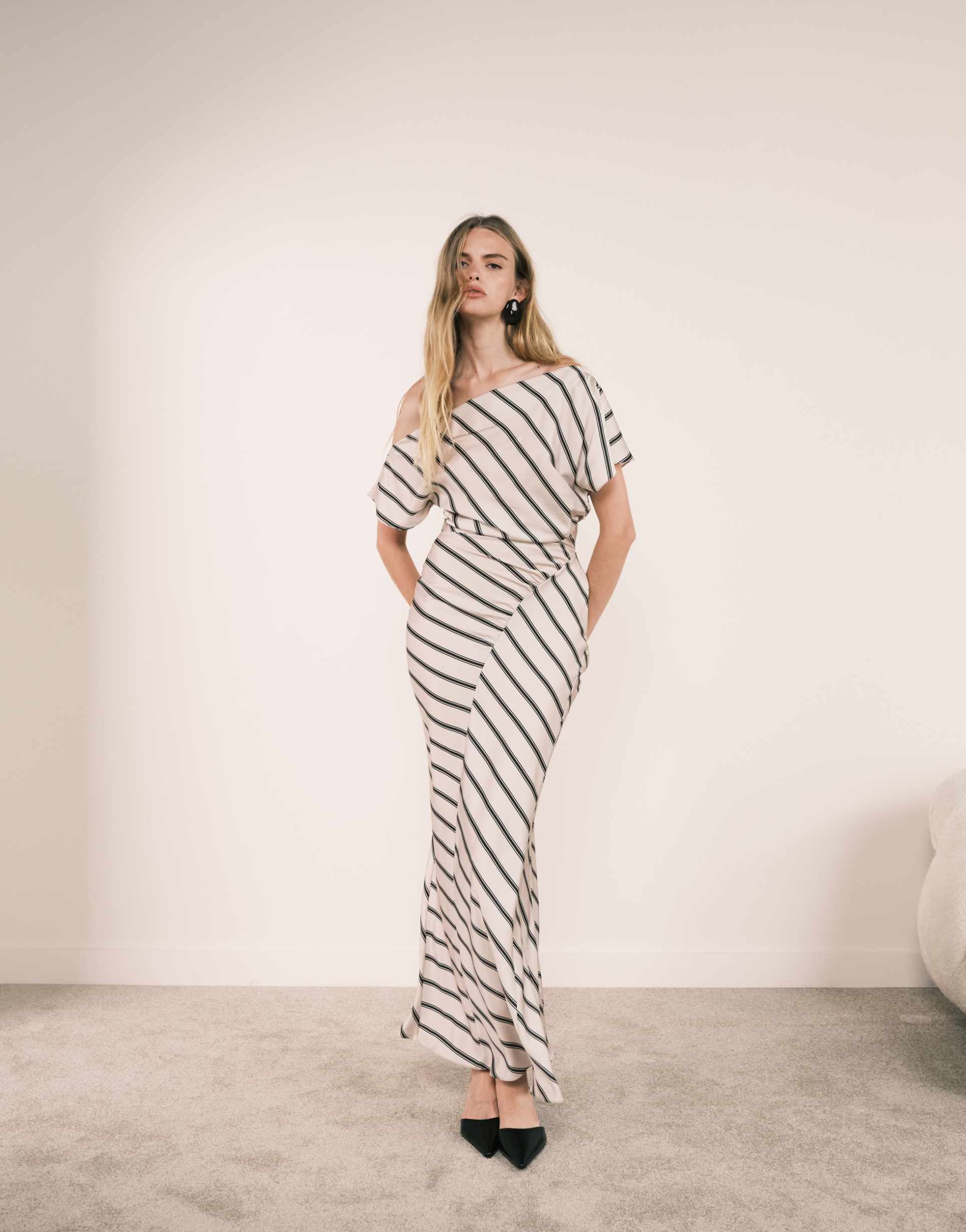 asos design draped asymmetric neck maxi dress in stripe