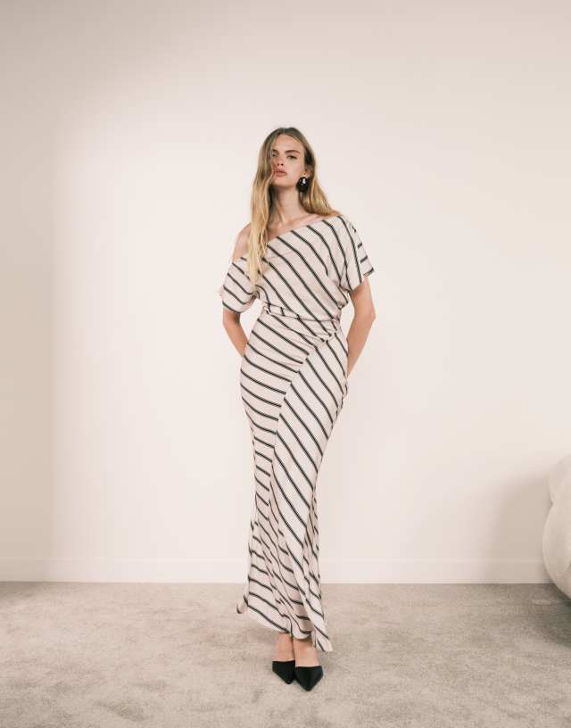 asos asymmetric drape dress DESIGN draped neck maxi in stripe Bachelorette Party Outfits | mermaid wedding dress with long train size:XL - UK 18-20 Crafted from high