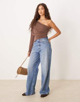 Asos Design Draped Asymmetric One-shoulder Top In Brown