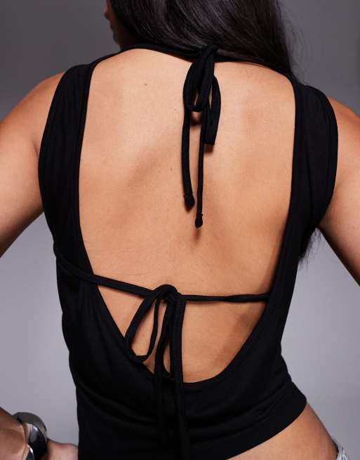 ASOS DESIGN draped back cowl asymmetric slash neck top with ties in black, 3 of 4