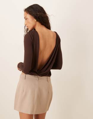 ASOS DESIGN draped back cowl slash neck top in dark brown
