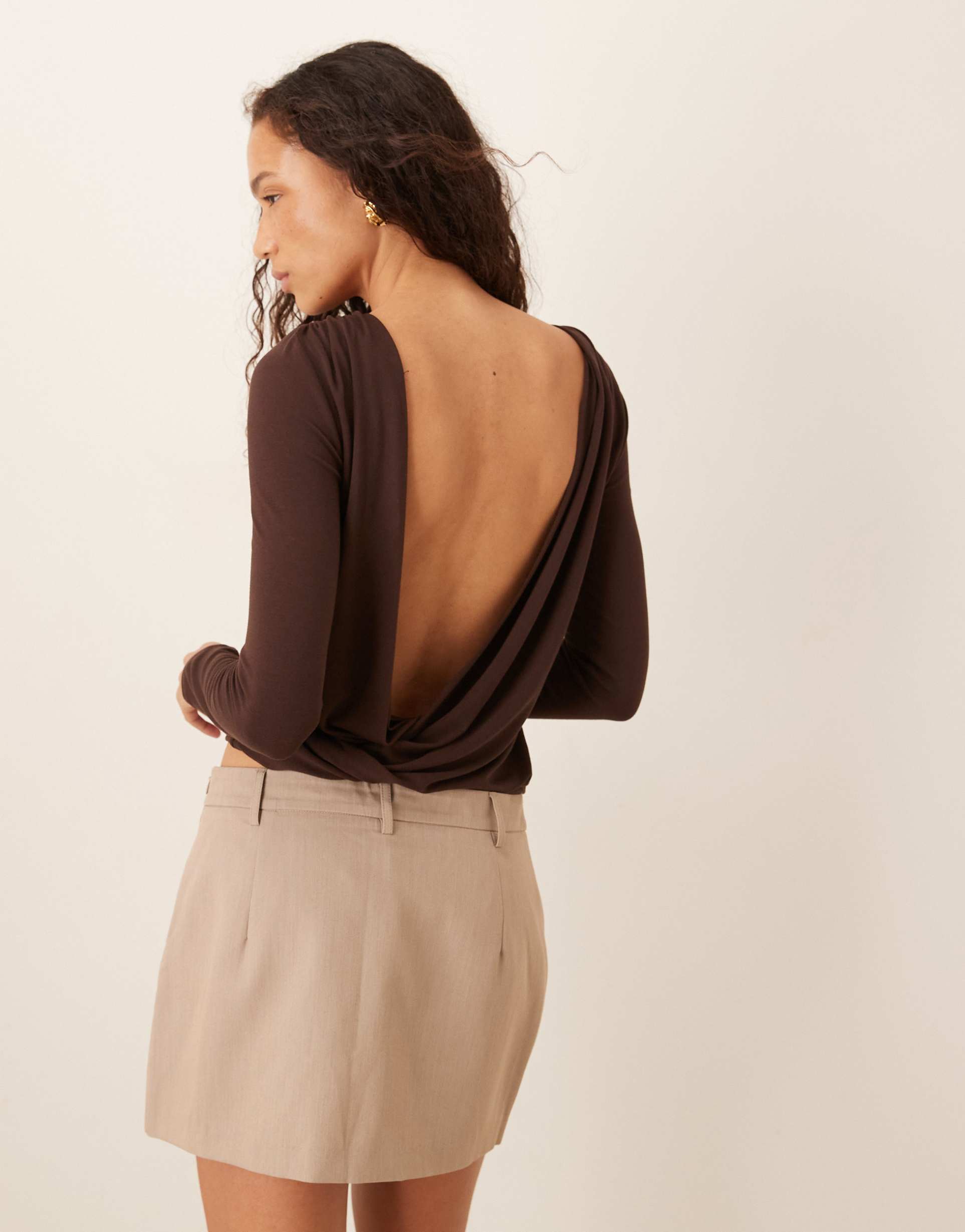 asos design draped back cowl slash neck top in dark brown