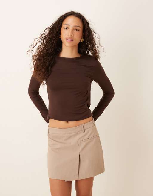 ASOS DESIGN draped back cowl slash neck top in dark brown