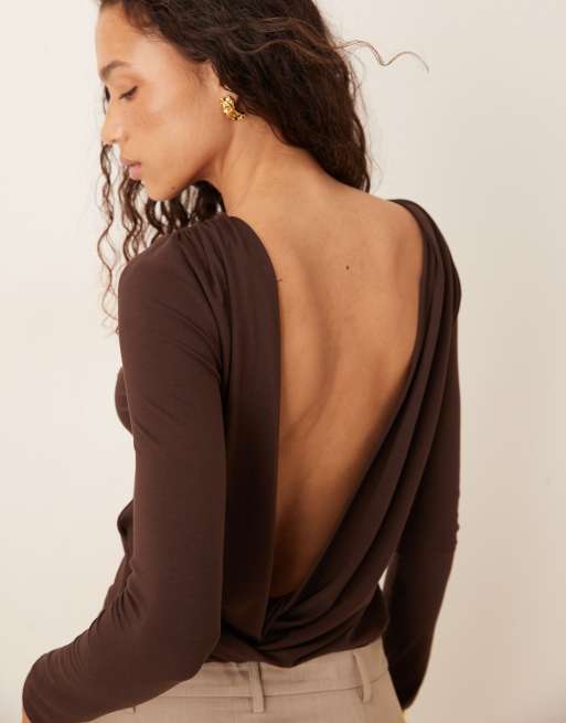 ASOS DESIGN draped back cowl slash neck top in dark brown