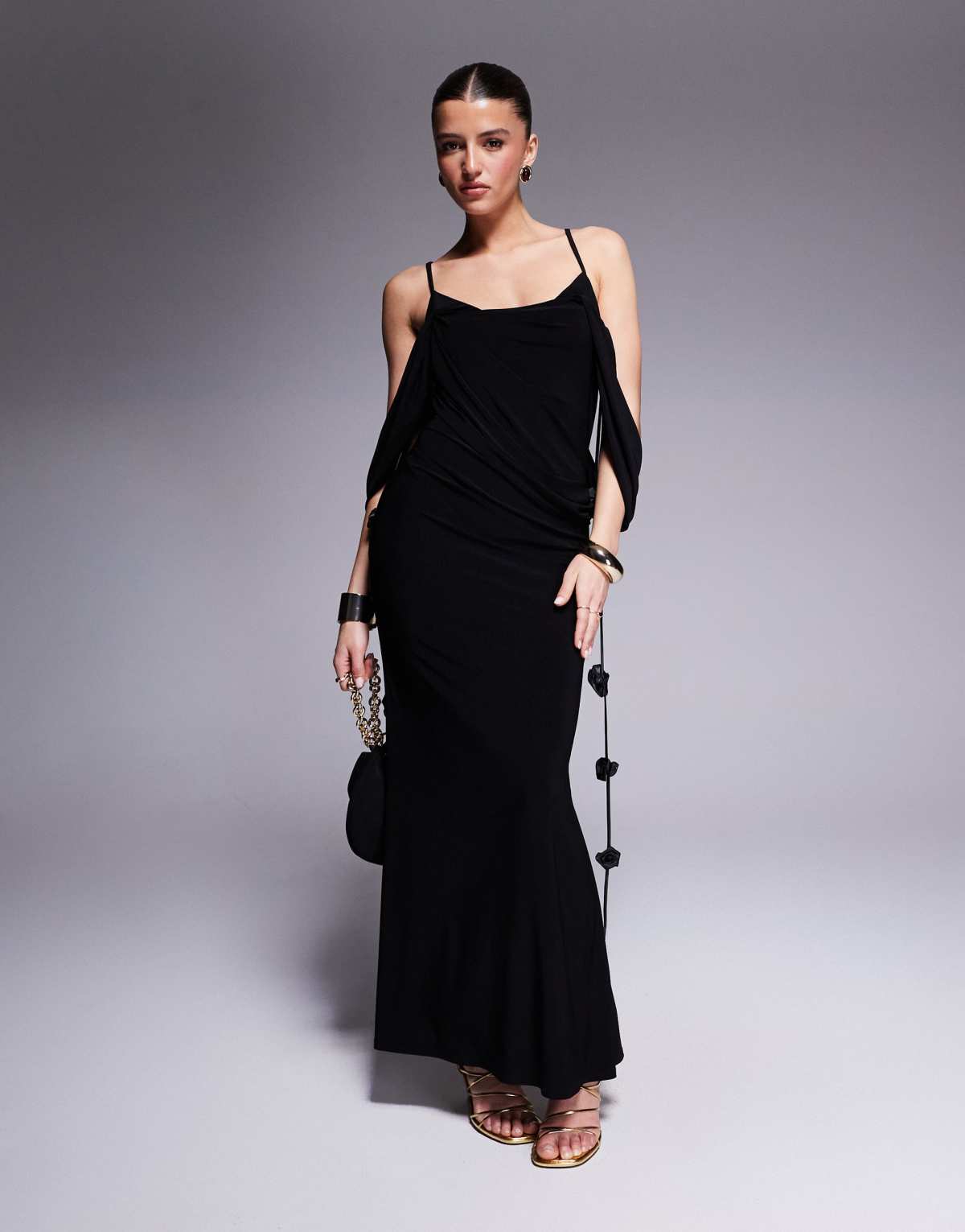 ASOS DESIGN draped bardot layered neckline midi dress with flower trims in black