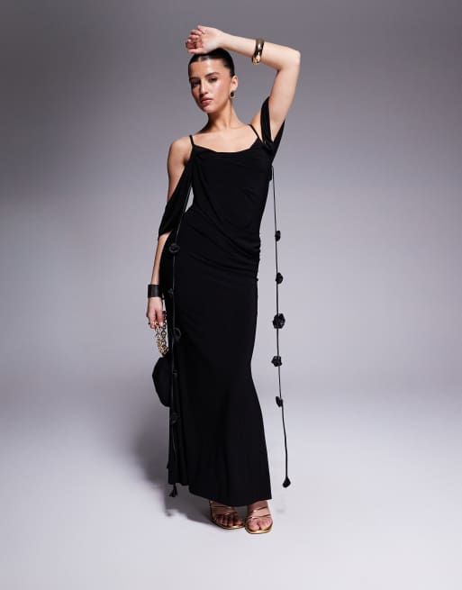 ASOS DESIGN draped bardot layered neckline midi dress with flower trims in black, 3 of 4