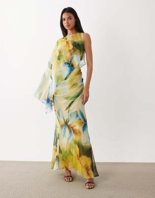 Asos Design Draped Batwing Asymmetric One Sleeve Maxi Dress In Multi