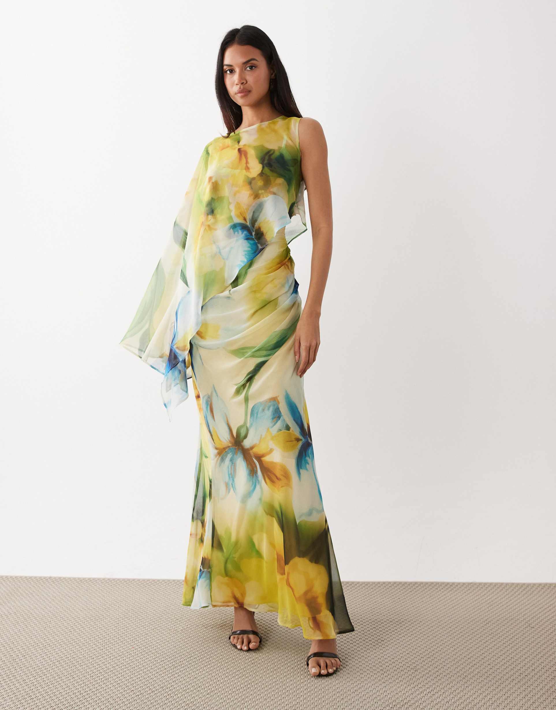 asos design draped batwing asymmetric one sleeve maxi dress in blue floral print