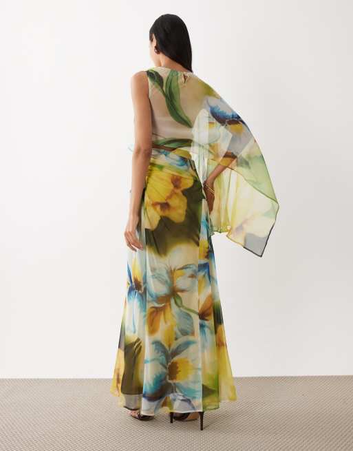 ASOS DESIGN draped batwing asymmetric one sleeve maxi dress in blue floral print, 3 of 4