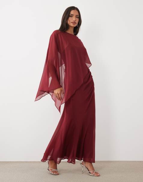 ASOS DESIGN draped batwing asymmetric one sleeve maxi dress in burgundy - view 1