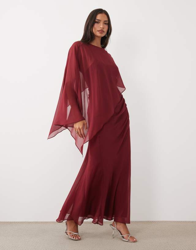 burgundy batwing dress ASOS DESIGN draped asymmetric one sleeve maxi in Ever pretty